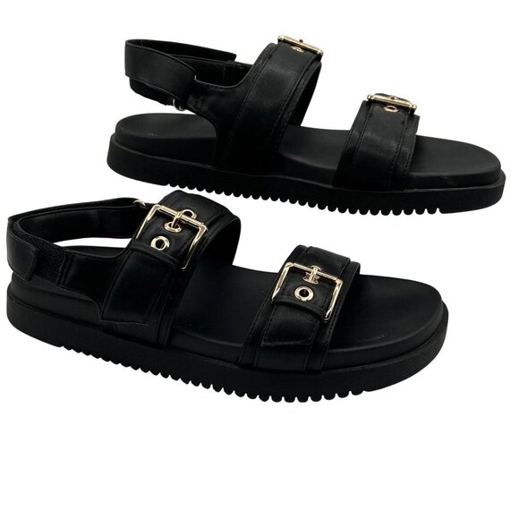 Madden Girl 9.5 Black Sprintt Sandals Gold Buckle Chunky Comfort Footbed Witchy - Picture 1 of 11